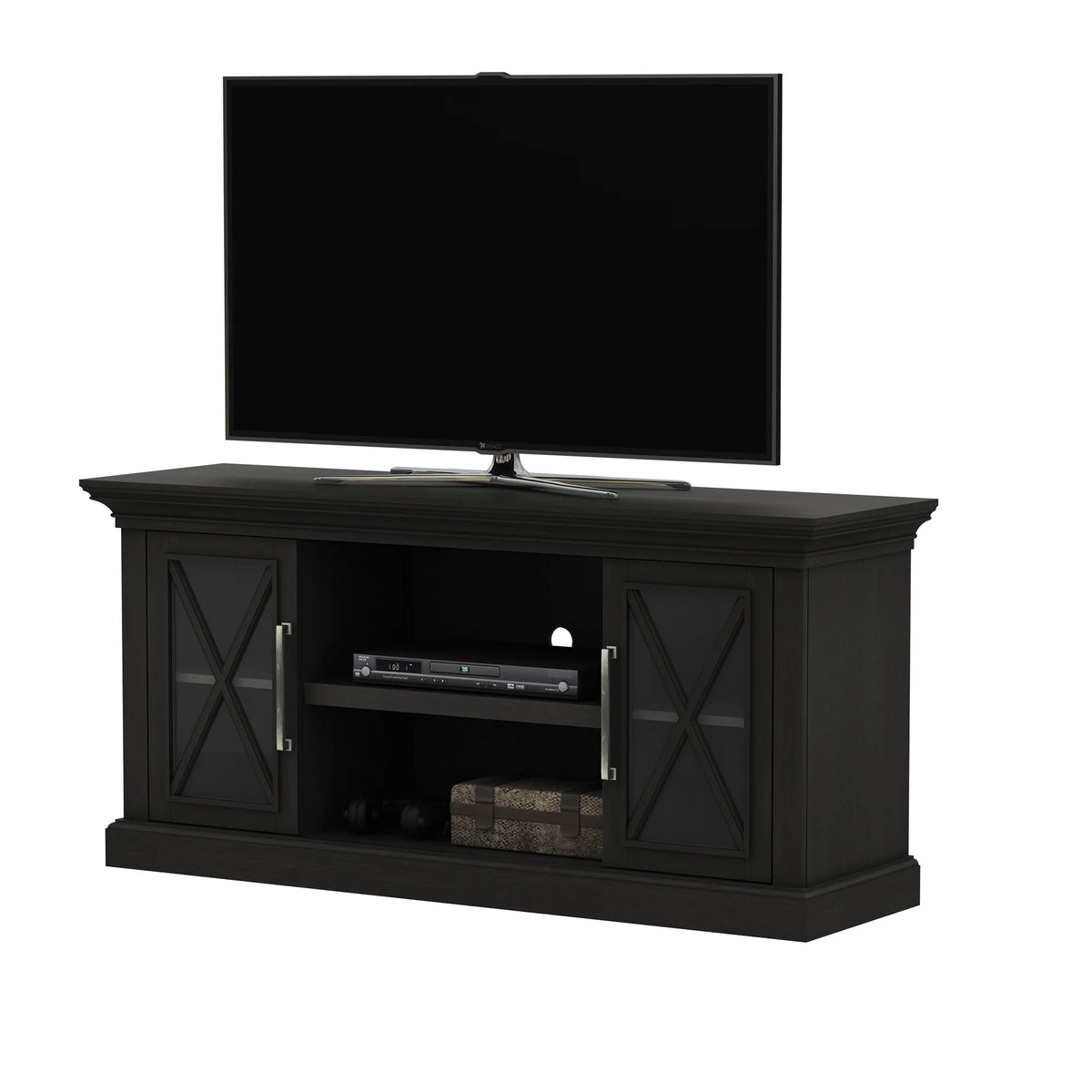 Black TV Stand with Two Side Cabinets and Open Shelves Z90522