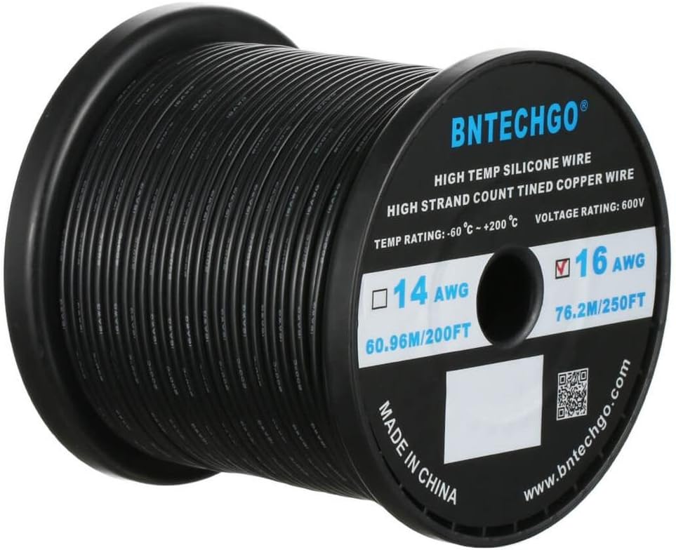 16 Gauge Silicone Wire Spool 500 ft Black Flexible 16 AWG Stranded Tinned Copper Wire E42993