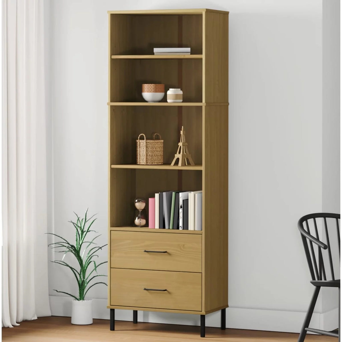 Pine Wood Bookcase with 2 Drawers and 4 Compartments L33644