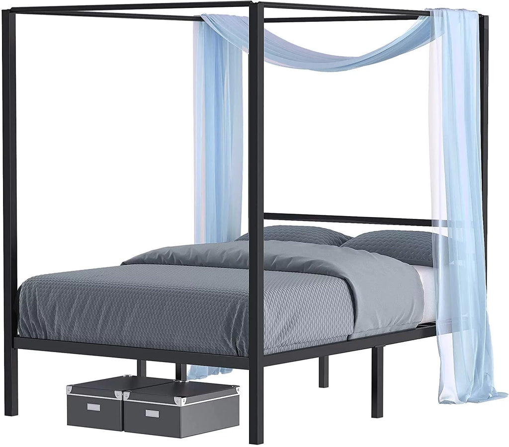 Queen Size Black Metal Canopy Bed Frame with Headboard R564169