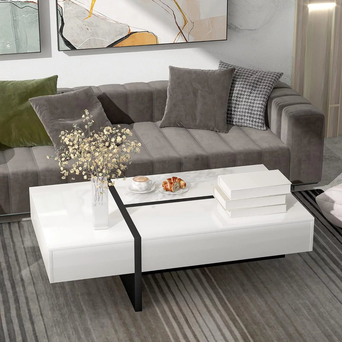 Rectangle Coffee Table with Large Drawer, High Gloss White G5771