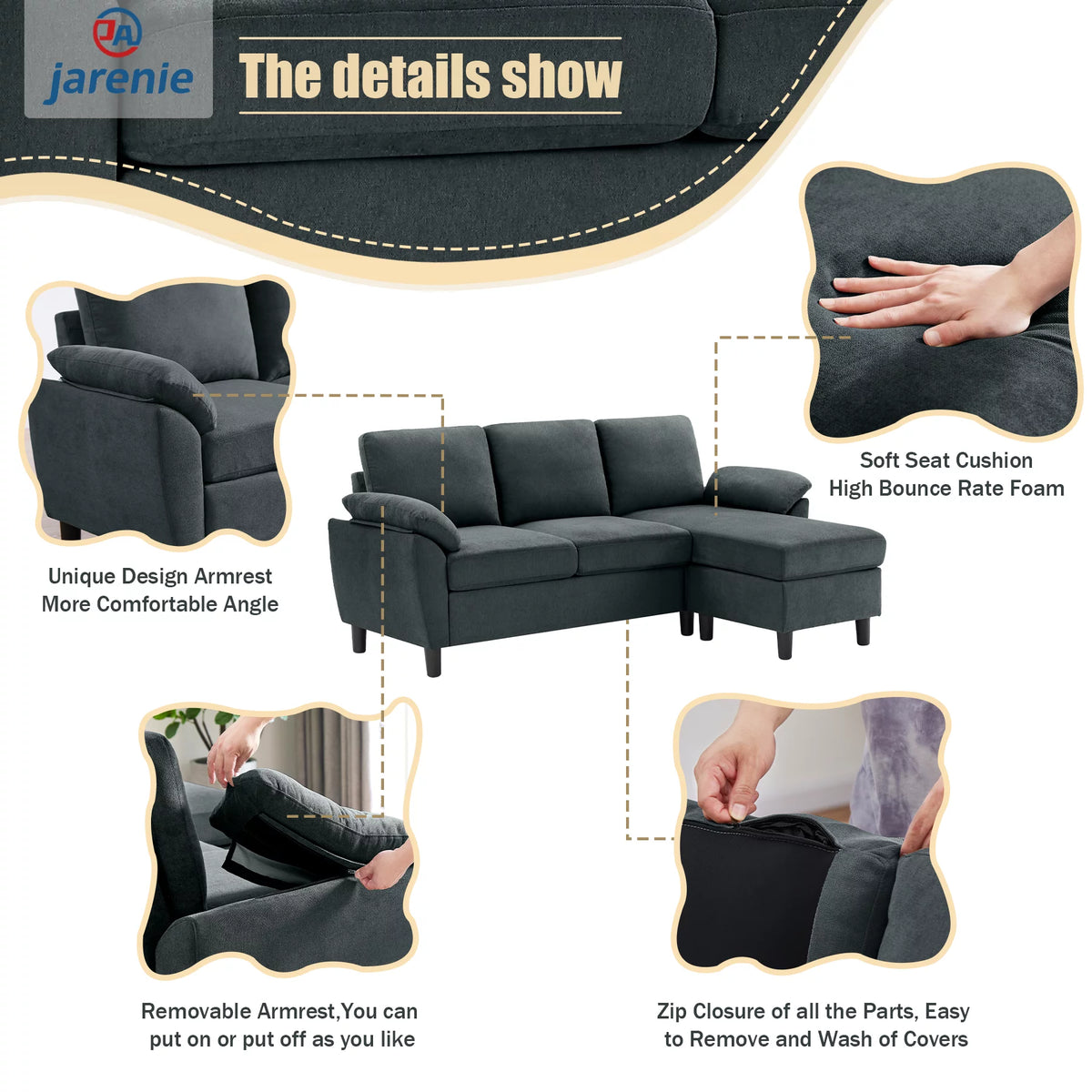Modern Fabric L-Shaped Sectional Sofa with Ottoman J649957
