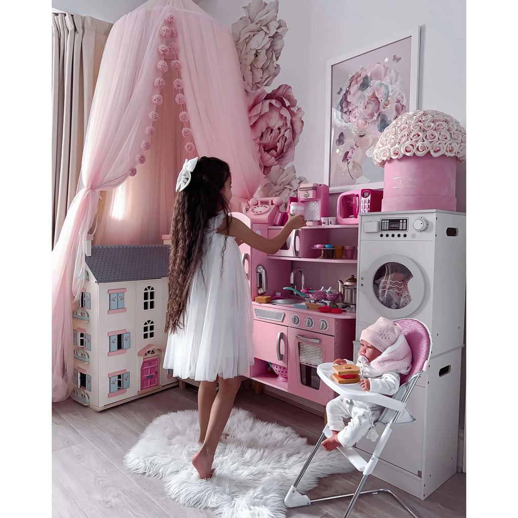 Pink Wooden Play Kitchen with Pretend Ice Maker and Play Phone P6051