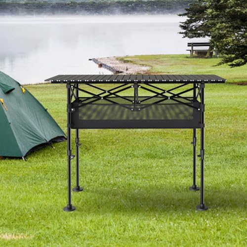 Height Adjustable Folding Camping Table with Mesh Storage and Carrying Bag B94444