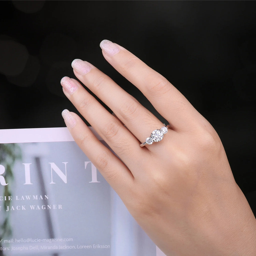 3 Stones 1ct Moissanite Engagement Ring, 925 Sterling Silver, Round Cut, Size 5-9 K255