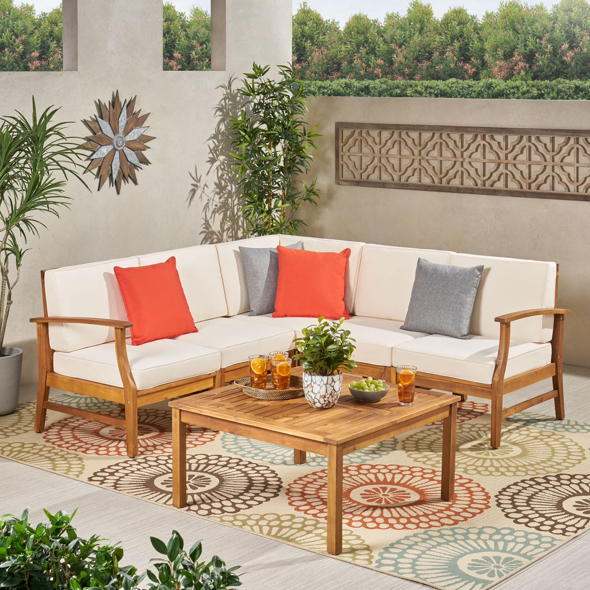 6 Piece Outdoor Acacia Wood Chat Set with Cushions, Teak Finish, Cream I925