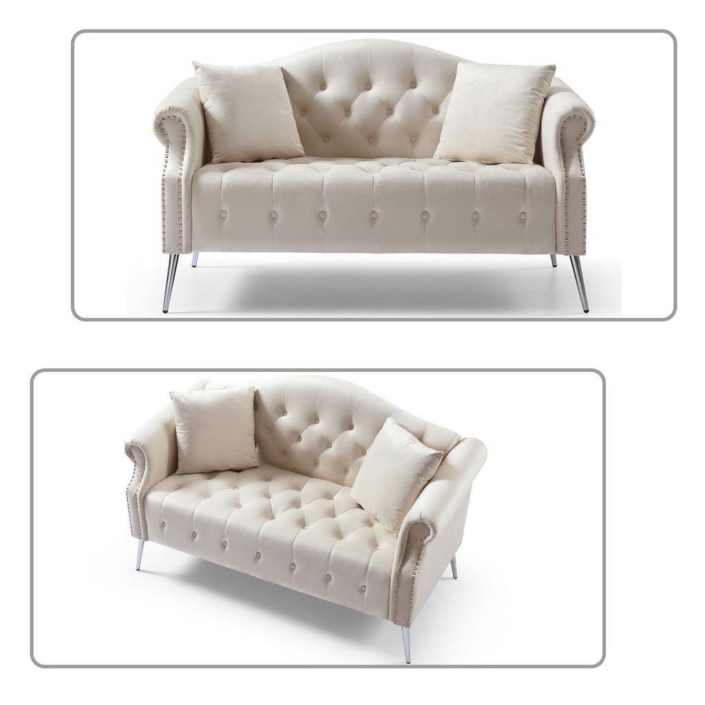 Beige Velvet Button Tufted Loveseat Sofa with Roll Armrest and Metal Legs Z8643