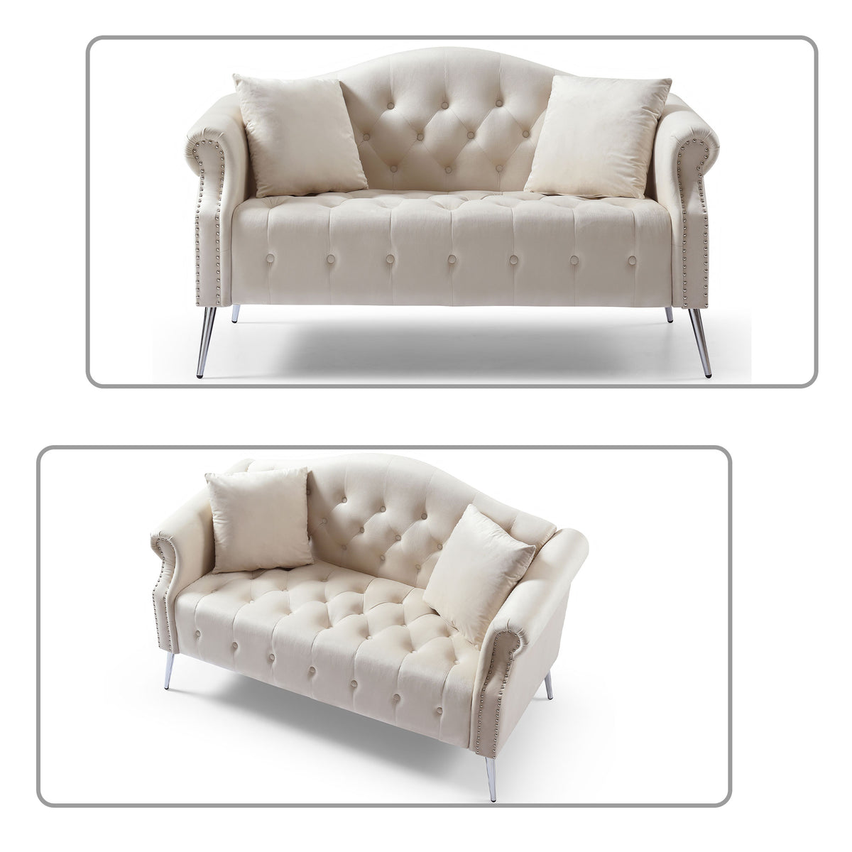 Beige Velvet Button Tufted Loveseat Sofa with Roll Armrest and Metal Legs Z8643