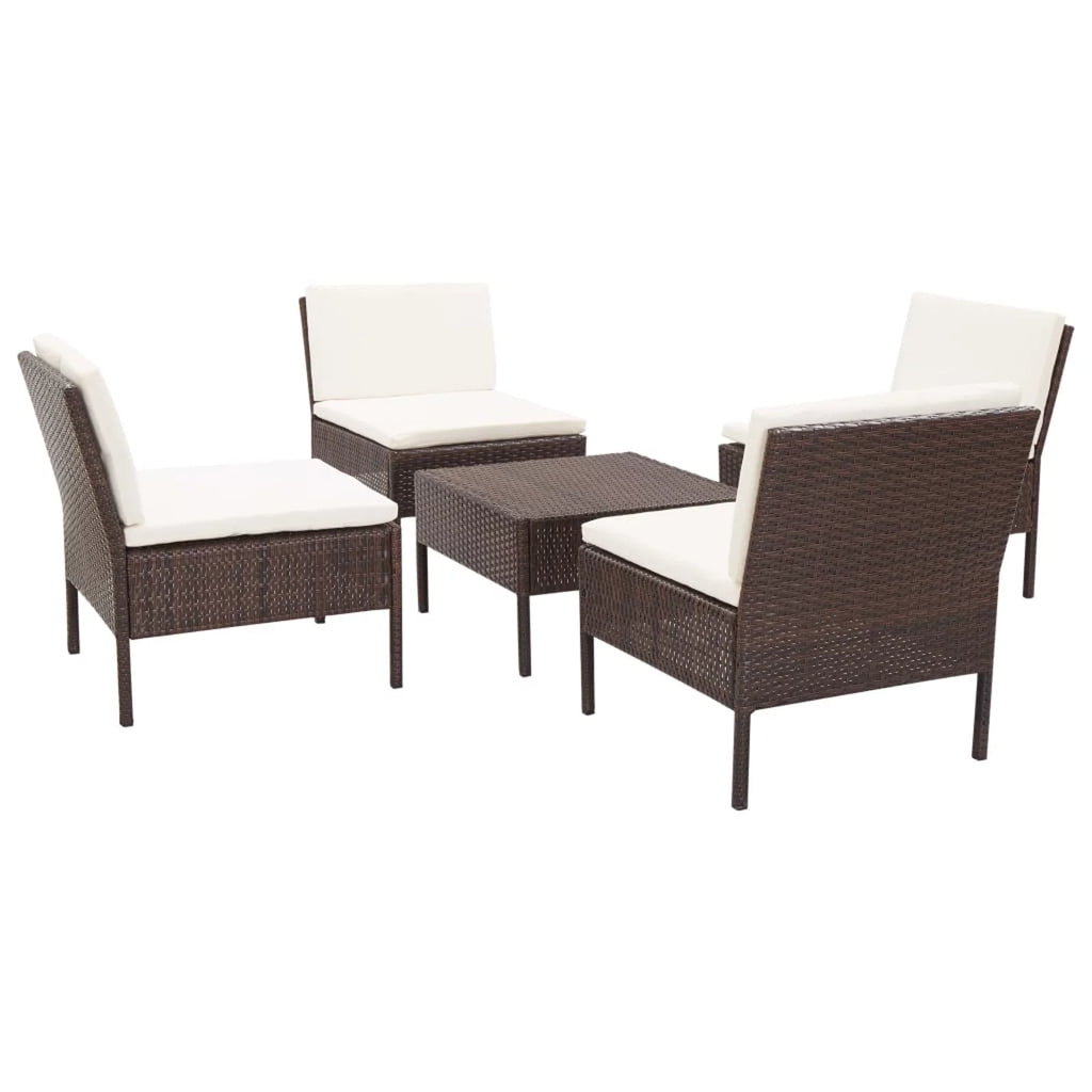 5 Piece Outdoor Conversation Set with White Cushion and Coffee Table Brown Poly Rattan E62126