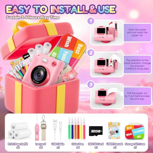 Instant Print Dual Lens Digital Camera with 32G SD Card Storage Bag Pink F18133