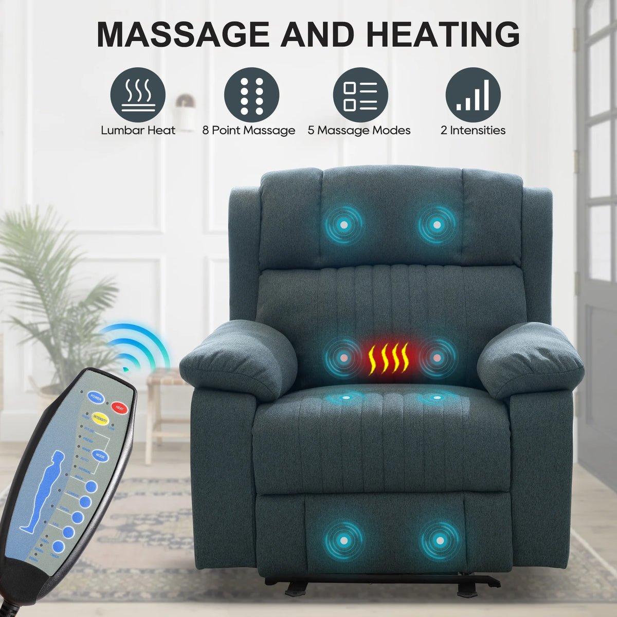 Blue Electric Power Recliner Chair with Heat and Massage Y200621