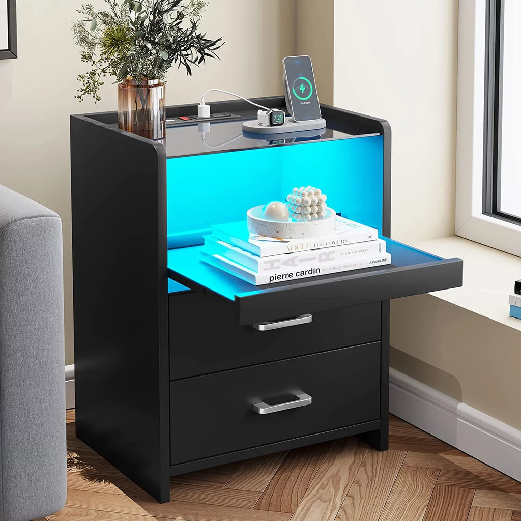 Black Nightstand with LED Lights and Charging Station L680