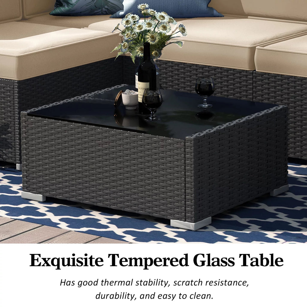 7 Piece Wicker Rattan Patio Furniture Set with Cushion and Glass Table I94718