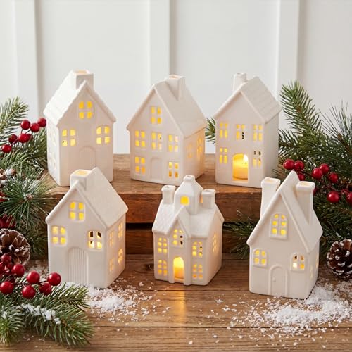 Set of 6 White Ceramic Christmas Village Houses H400481