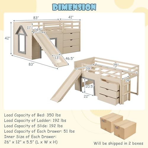 Twin Low Loft Bed with 3 Storage Drawers, Wood Loft Bed with Slide, Ladder, Guardrails A327137