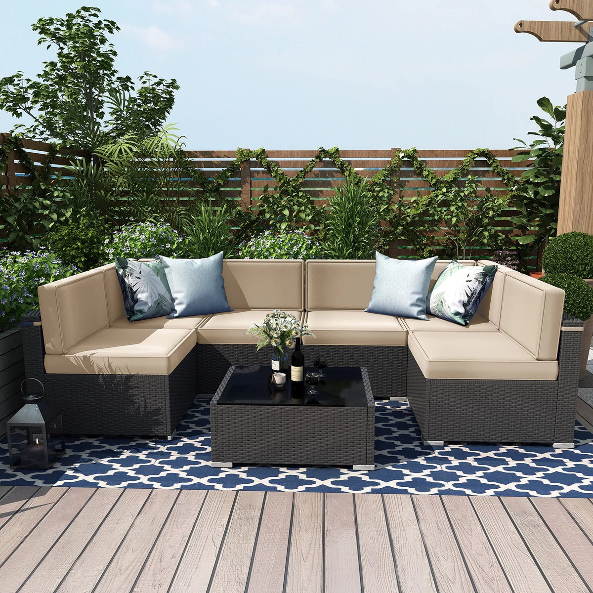 7 Piece Wicker Rattan Patio Furniture Set with Cushion and Glass Table I94718