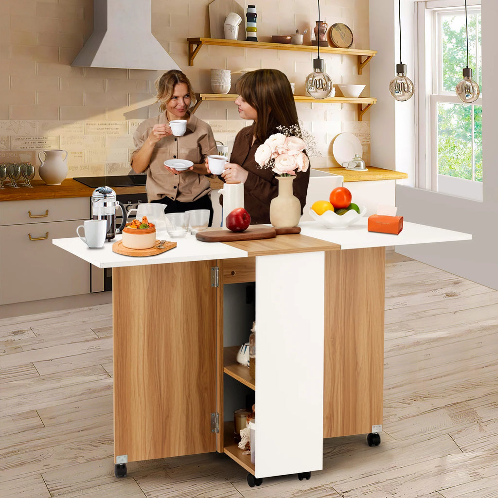 Folding Dining Table with 6 Wheels, Drawer and Storage Shelf, White and Wood Grain P504