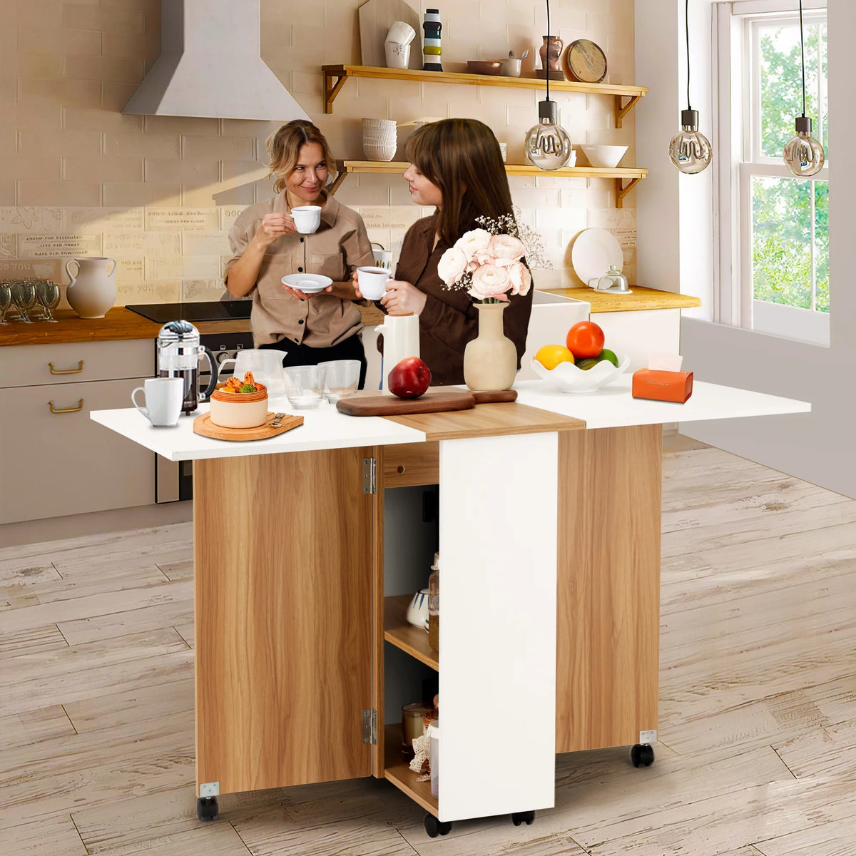 Folding Dining Table with 6 Wheels, Drawer and Storage Shelf, White and Wood Grain P504