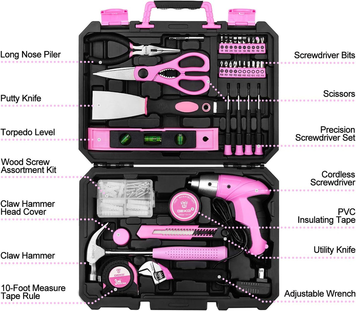 98 Piece Pink Hand Tool Set with Plastic Toolbox Storage Case U10020