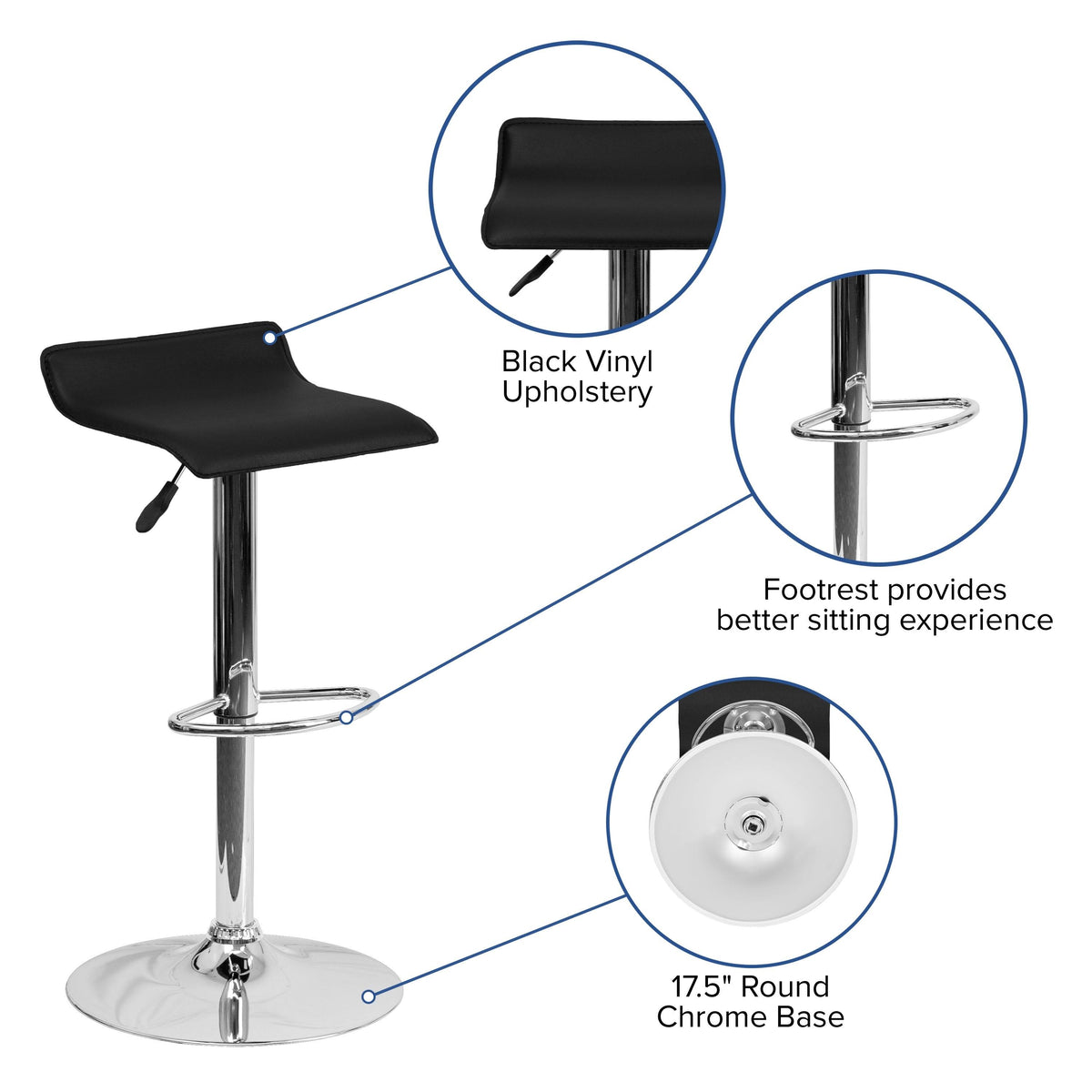 Black Vinyl Adjustable Height Barstool with Chrome Base H6138