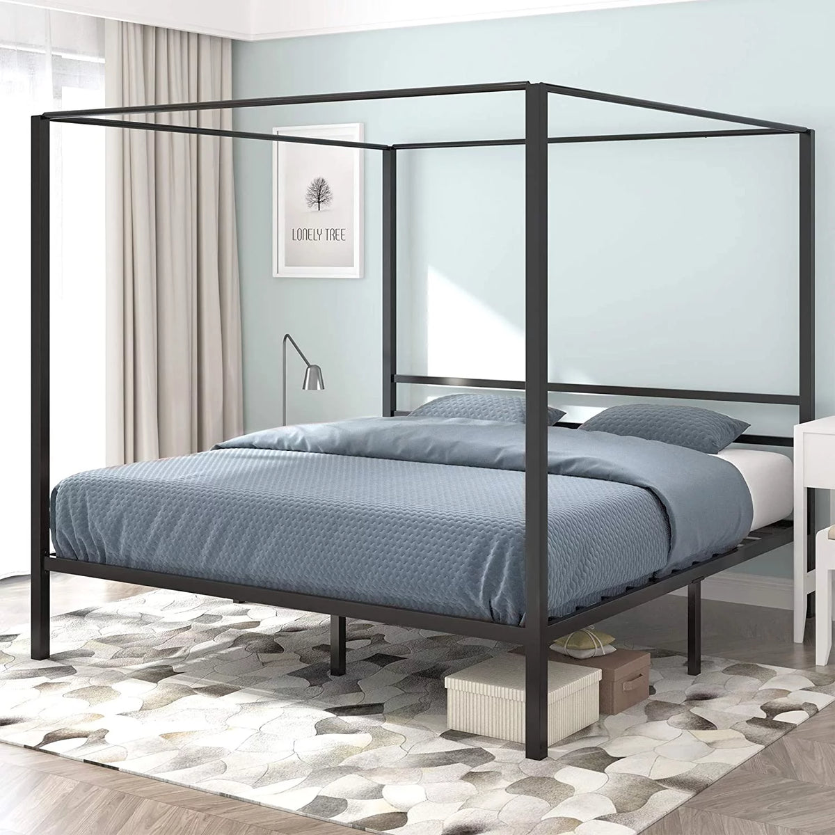Queen Size Black Metal Canopy Bed Frame with Headboard R564169