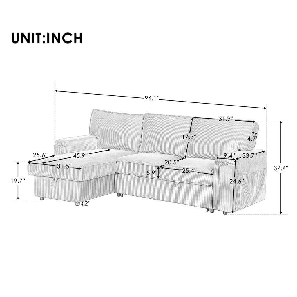 5 Seat Corduroy Fabric Sleeper Sectional Sofa with Storage Ottomans O110663