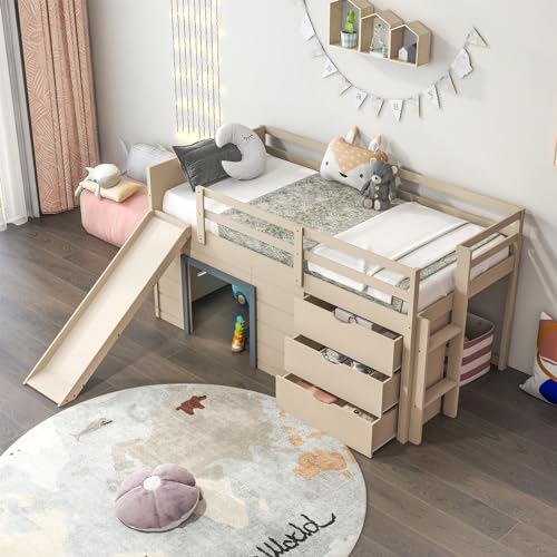 Twin Low Loft Bed with 3 Storage Drawers, Wood Loft Bed with Slide, Ladder, Guardrails A327137