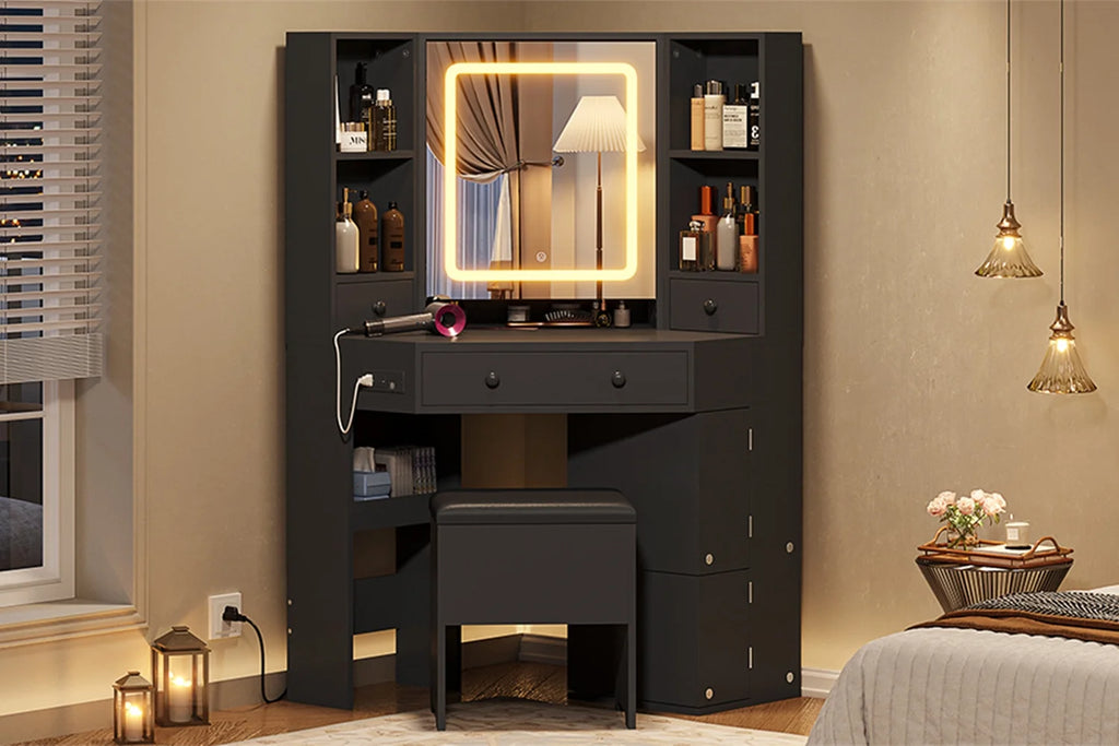 Black Corner Vanity Desk with Lighted Mirror and Storage Stool W8321
