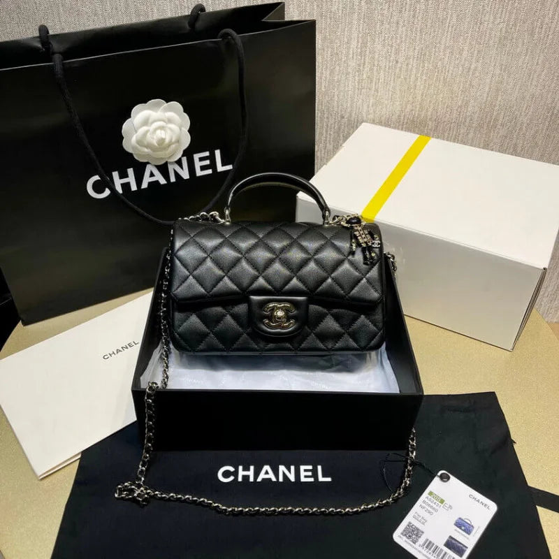 Black Lambskin Mini Flap Bag With Top Handle M7195