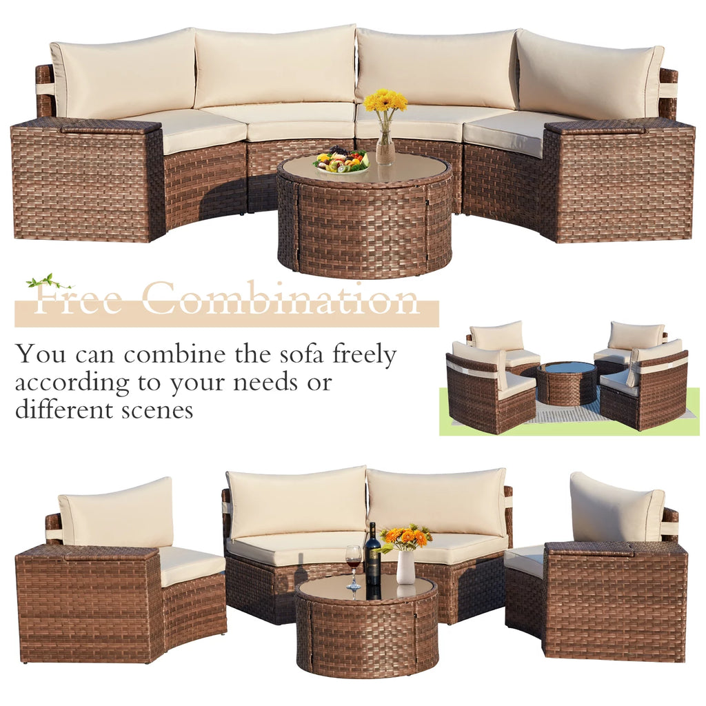7 Piece Wicker Sectional Sofa and Glass Table Patio Set A3022