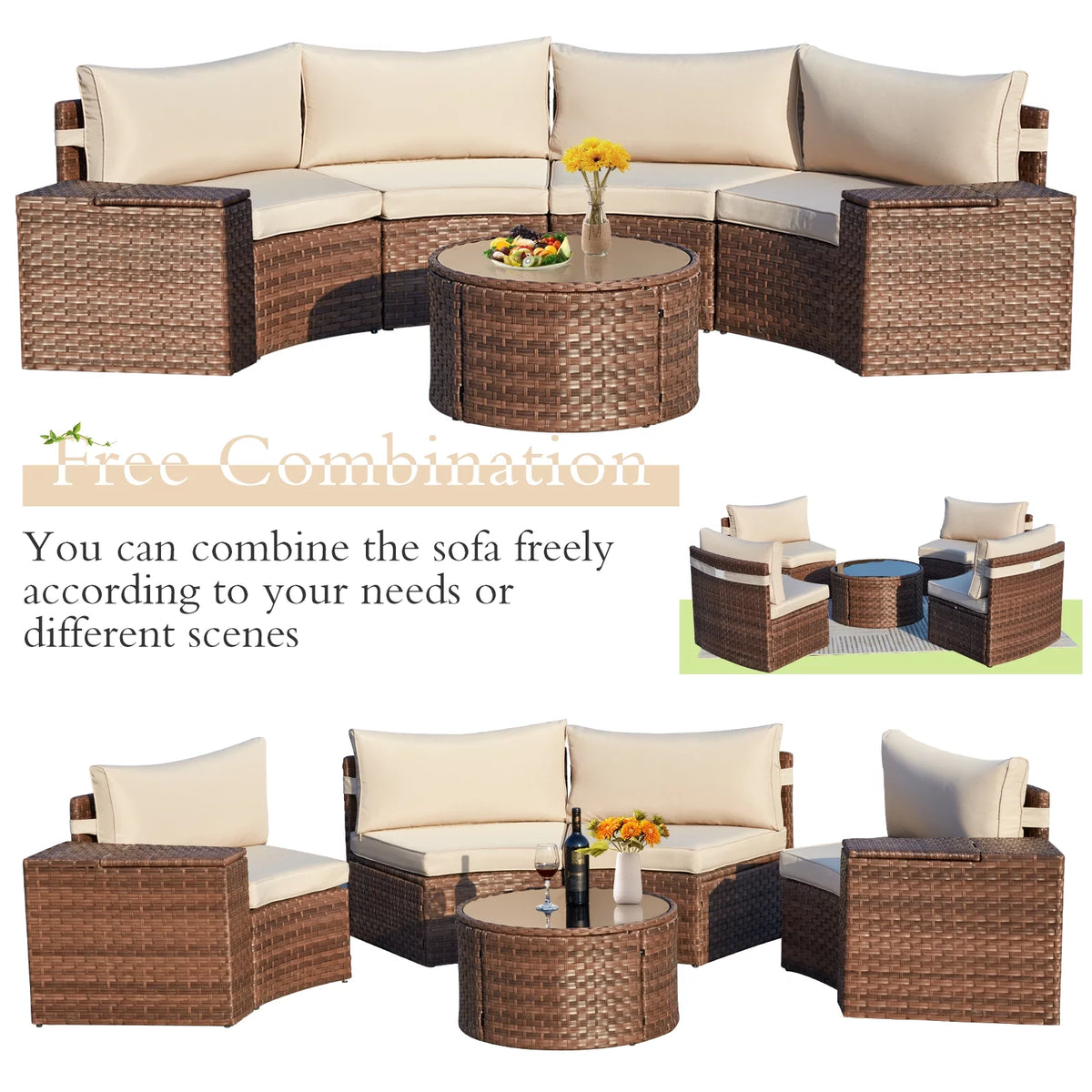 7 Piece Wicker Sectional Sofa and Glass Table Patio Set A3022