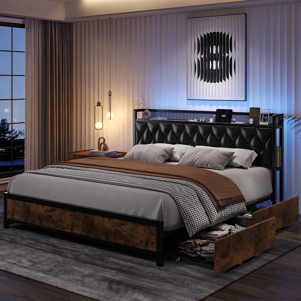 Black Full Size LED Bed Frame with 4 Storage Drawers W20102