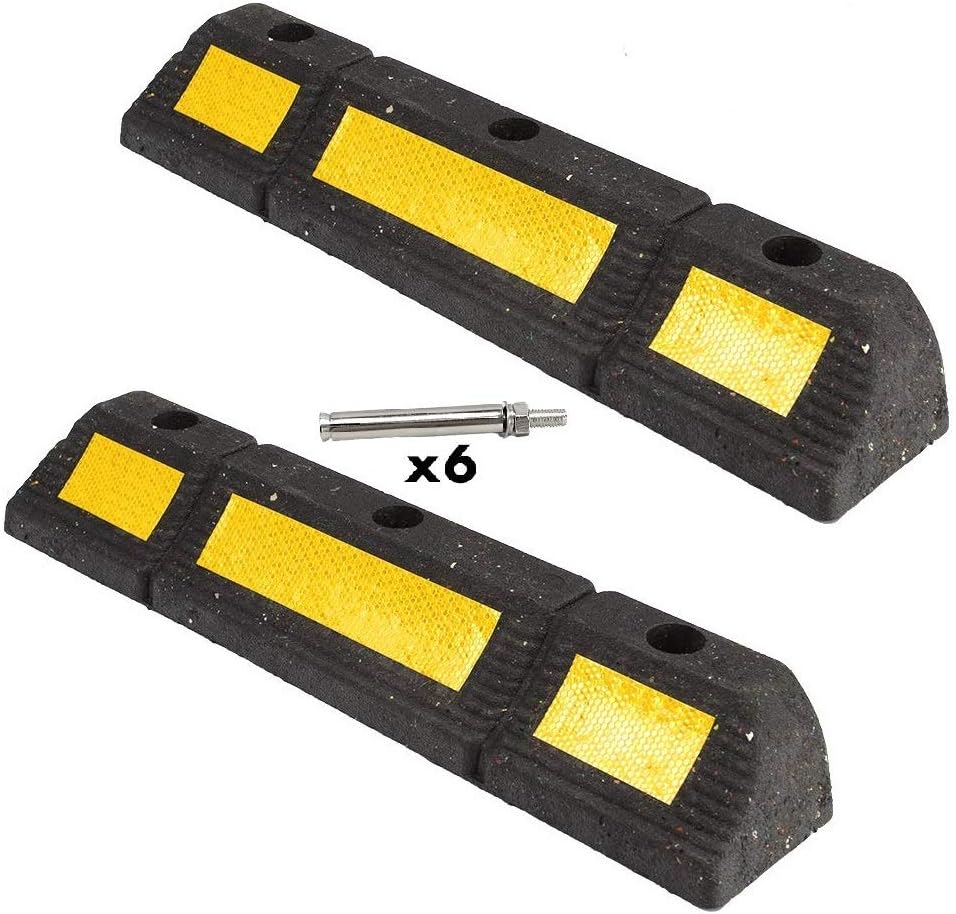 Black Heavy Duty Rubber Parking Blocks with Yellow Reflective Stripes, 2 Pack L3048