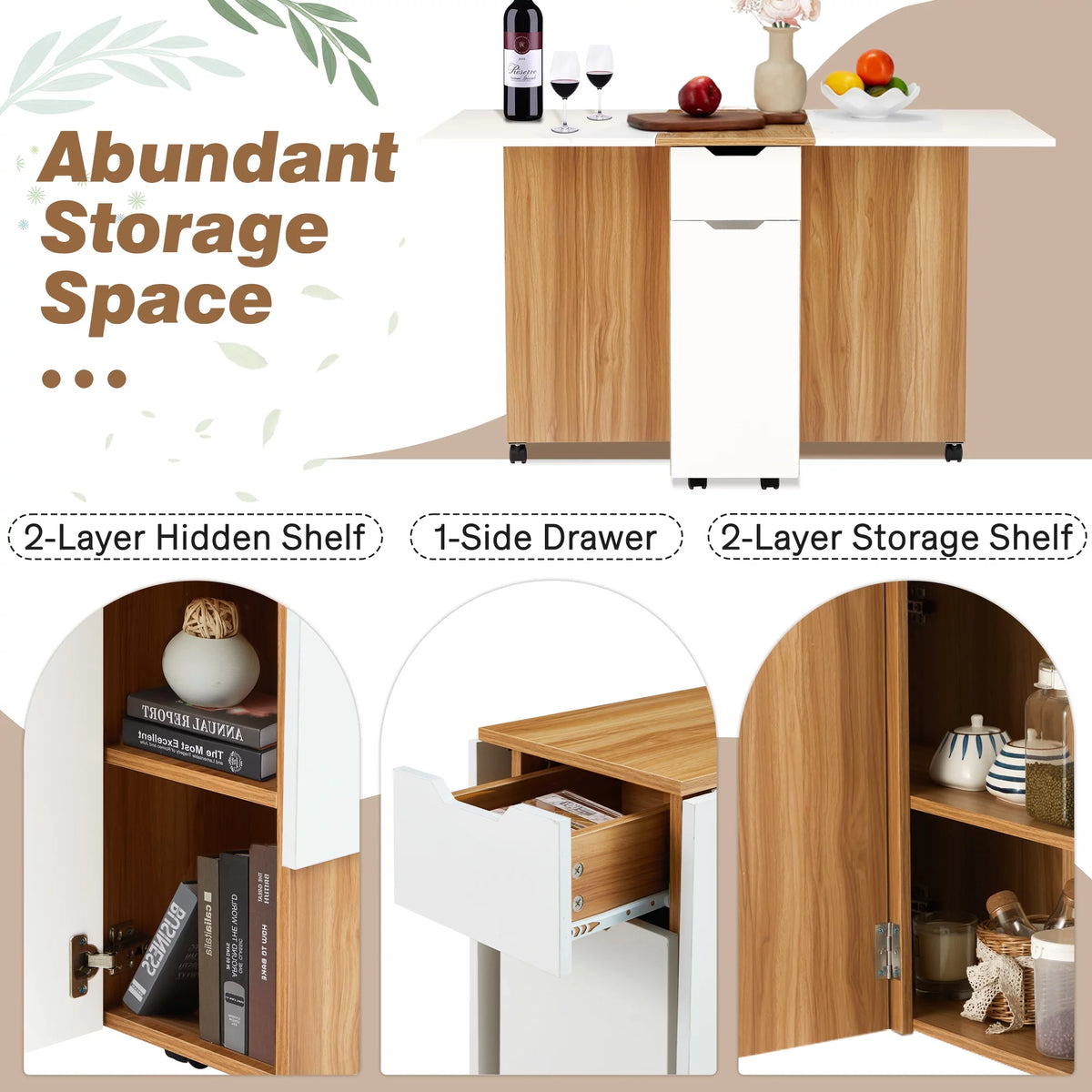 Folding Dining Table with 6 Wheels, Drawer and Storage Shelf, White and Wood Grain P504