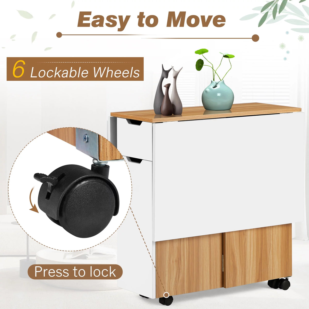 Folding Dining Table with 6 Wheels, Drawer and Storage Shelf, White and Wood Grain P504