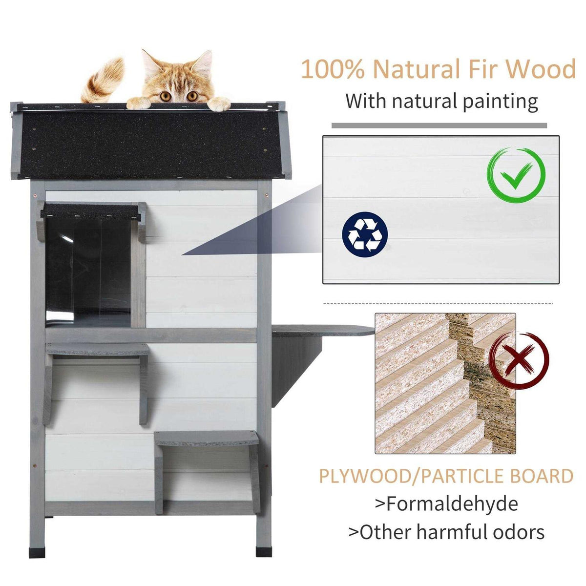 Wooden 2-Story Outdoor Cat House with Escape Door L41448