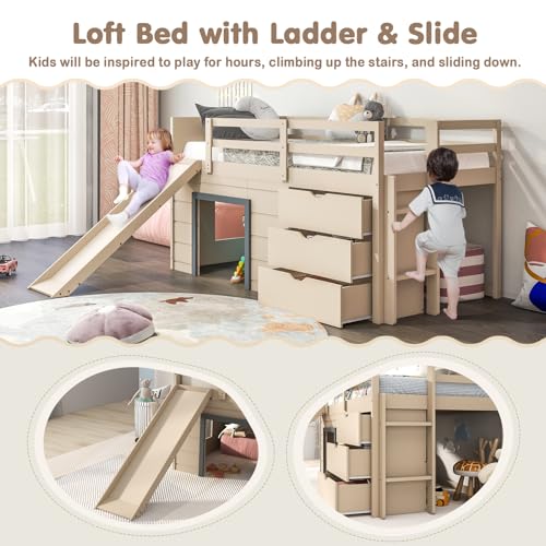 Twin Low Loft Bed with 3 Storage Drawers, Wood Loft Bed with Slide, Ladder, Guardrails A327137