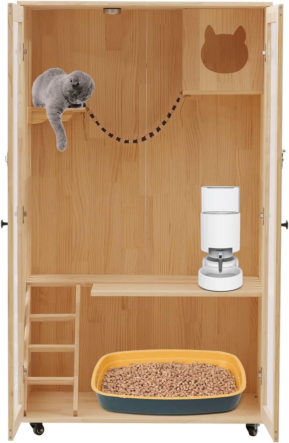 Large Wooden Cat Cage with LED Light & 4 Wheels (150CM) O95080
