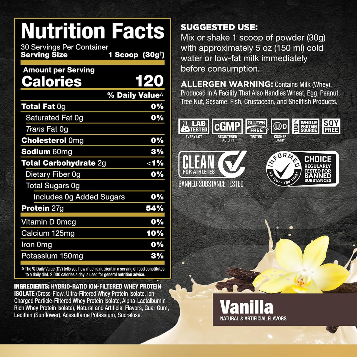 Vanilla Whey Protein Isolate, 2 lb, 27 Grams Protein Per Scoop W766583