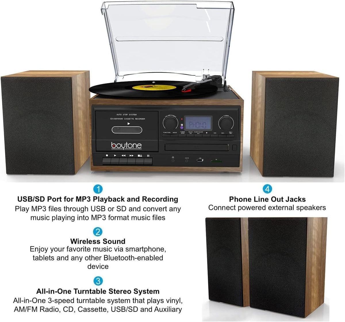 Bluetooth Record Player Turntable with CD Player, Cassette, AM/FM Radio, USB/SD Encoding, Built in Amplifier S63331