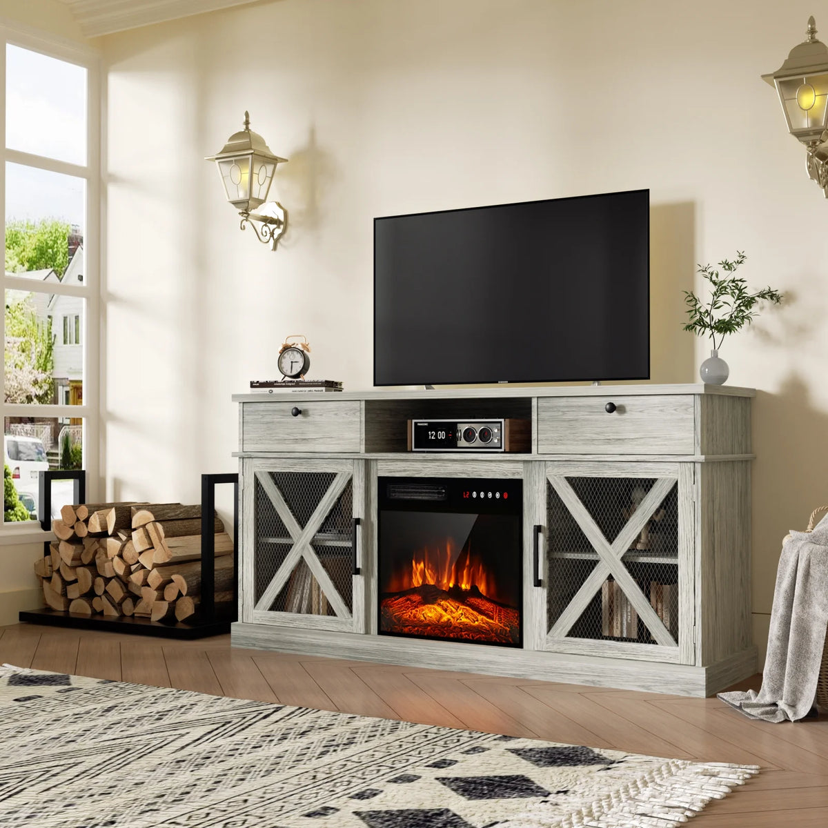 Farmhouse TV Stand with 18 Electric Fireplace L516259