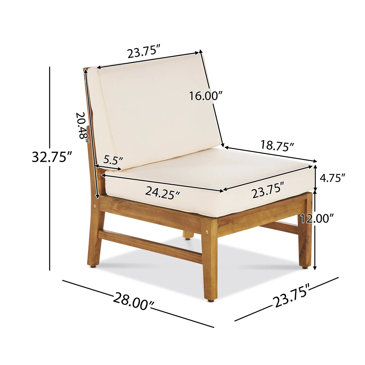 6 Piece Outdoor Acacia Wood Chat Set with Cushions, Teak Finish, Cream I925