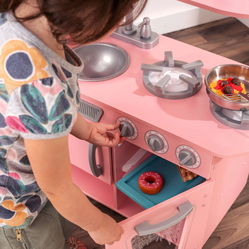 Pink Wooden Play Kitchen with Pretend Ice Maker and Play Phone P6051