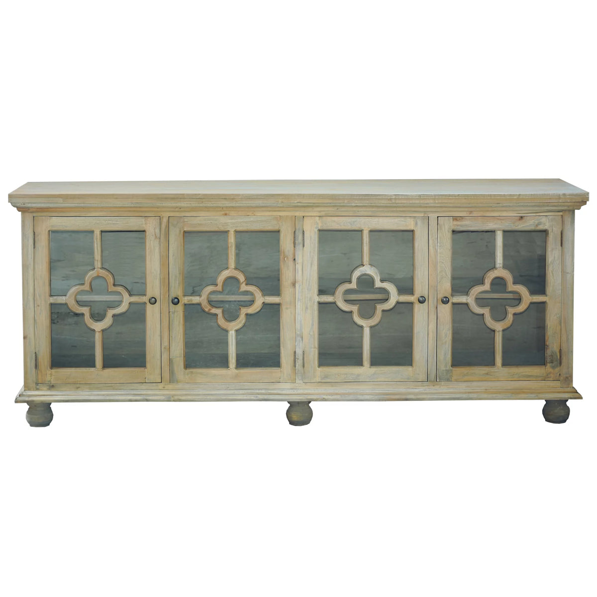 Glass Door Credenza Driftwood Brown Solid Wood Display Cabinet I46038