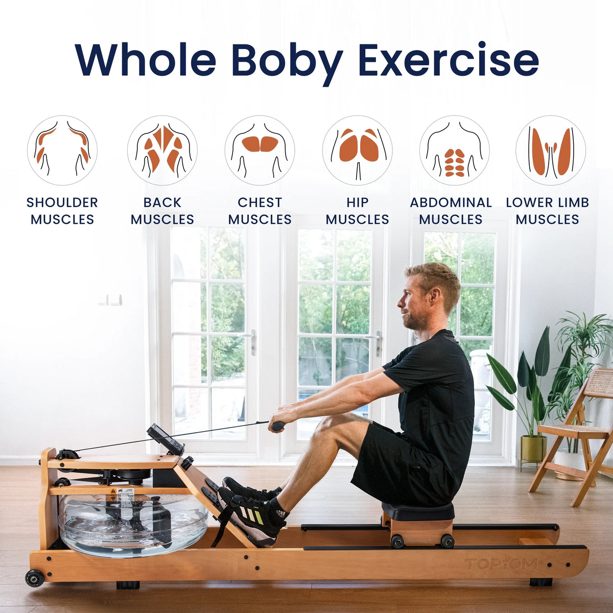 Water Rowing Machine with Performance Monitor Bluetooth 400 lbs Max Load G6141