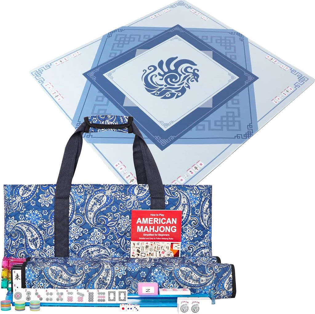 166 Quality White Tiles Mahjong Game Set with Blue Printed Carrying Bag C238004