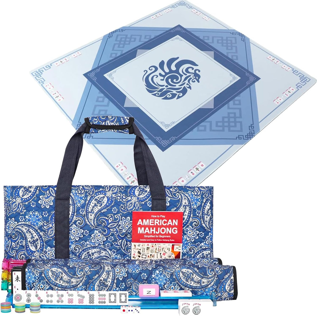 166 Quality White Tiles Mahjong Game Set with Blue Printed Carrying Bag C238004