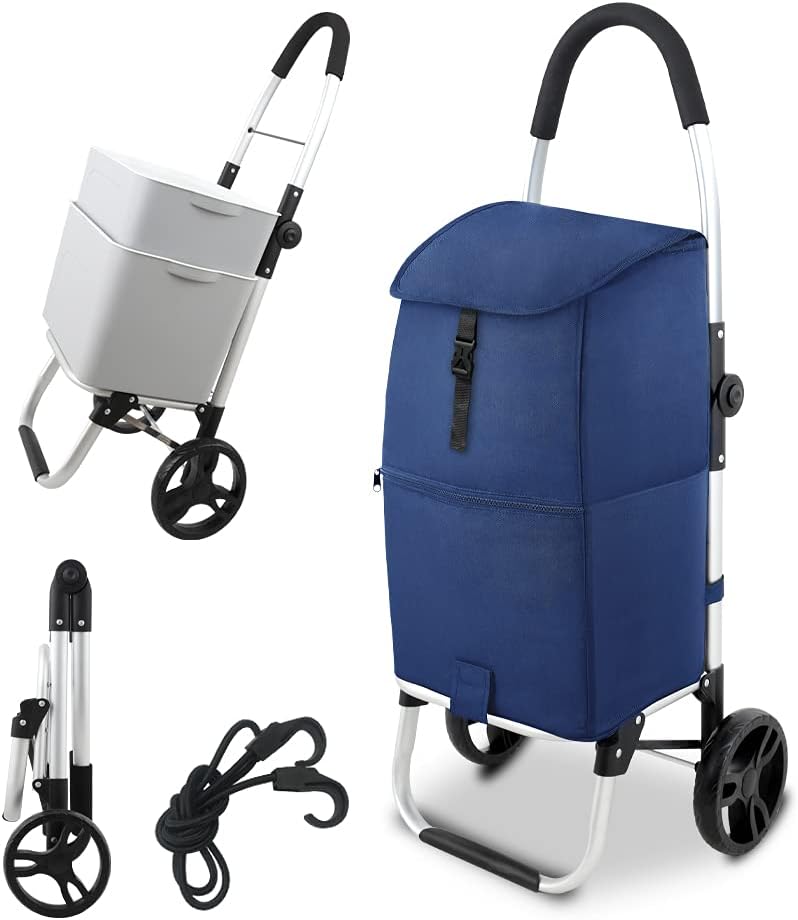 Navy Blue Foldable Grocery Cart with Shopping Bag W21675