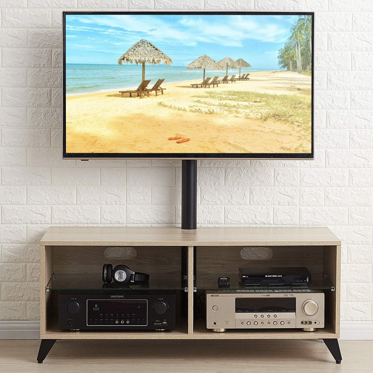 Rolling Wood Corner TV Console Stand with Wheels and Cabinets for up to 60 inch TVs, Walnut M38717