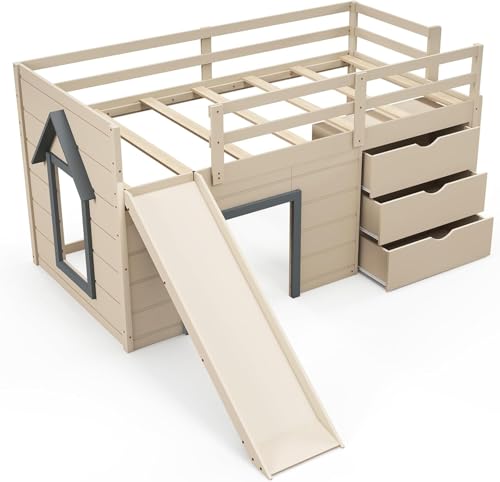Twin Low Loft Bed with 3 Storage Drawers, Wood Loft Bed with Slide, Ladder, Guardrails A327137